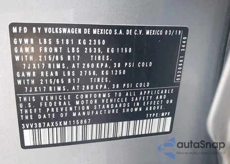 2019 Volkswagen Tiguan 2.0T Se/2.0T Sel/2.0T Sel R-Line/2.0T Sel R-Line Black из США, поврежденный, VIN 3VV3B7AX5KM115867